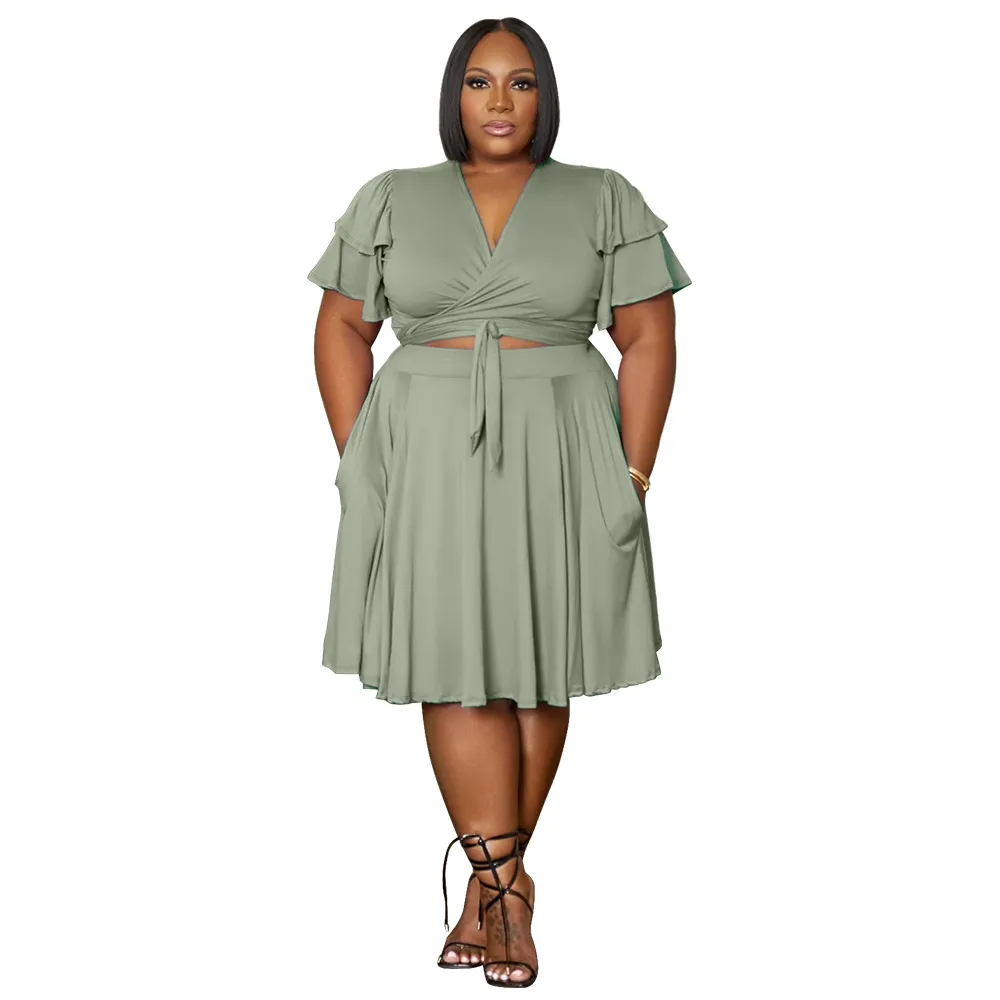 Women's Ruffled Sleeve Lace-up Short Skirt With Pockets V-neck Plus-size Skirt Set - Light Green