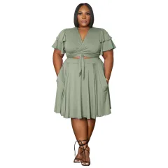 Women's Ruffled Sleeve Lace-up Short Skirt With Pockets V-neck Plus-size Skirt Set - Light Green - View 1