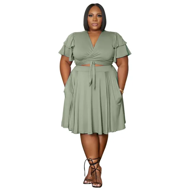 Women's Ruffled Sleeve Lace up Short Skirt With Pockets V neck Plus size Skirt Set Light Green - Shop at LoveMi