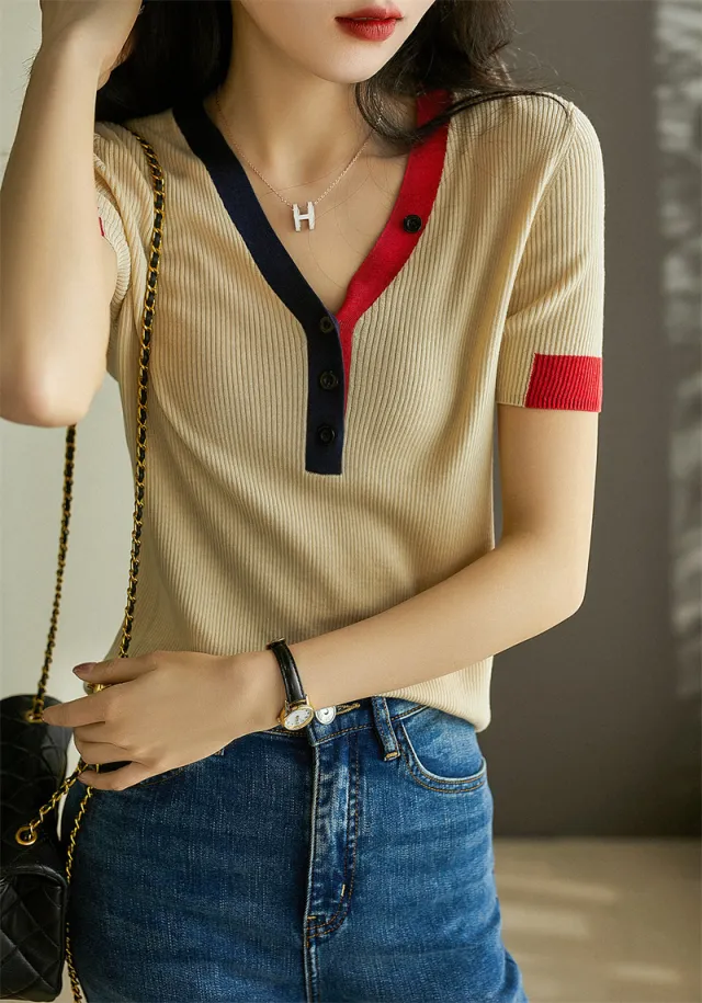 Solid Color And V neck T shirt Women's Ice Silk Sweater Sweater Loose Short Sleeve Beige - Shop at LoveMi