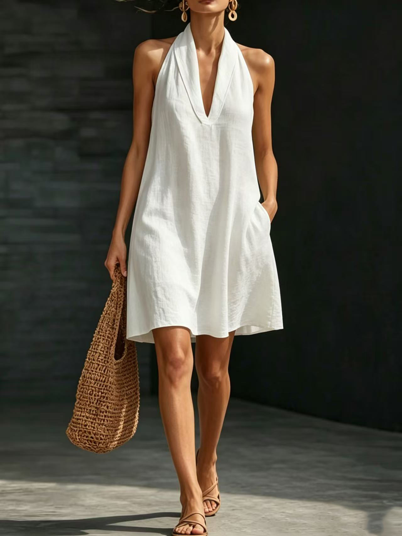 Casual Short Solid-color V-neck Dress