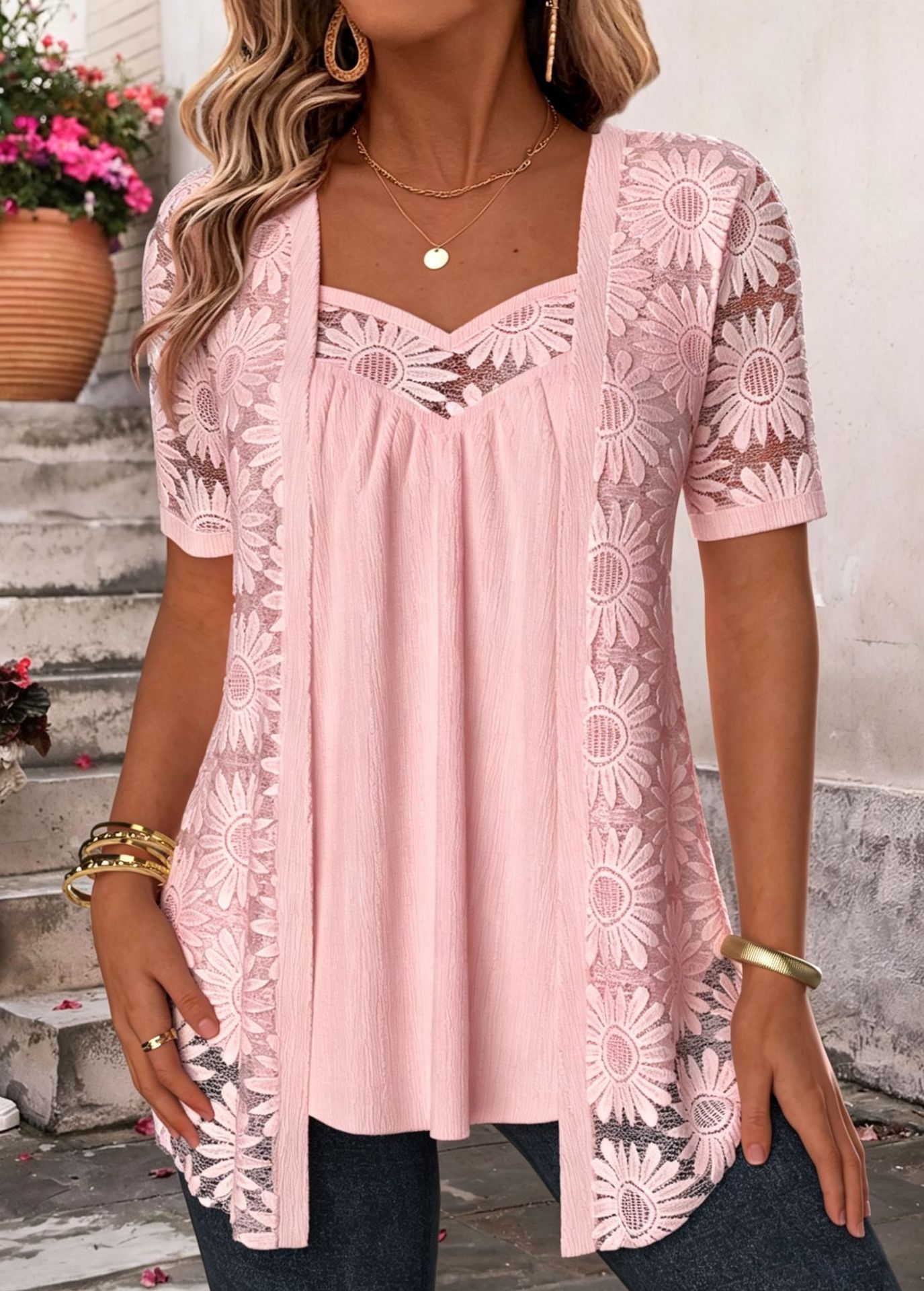 Womens Fashionable Floral-pattern Lace Mesh Hollow-out Trim Faux Two-piece Top