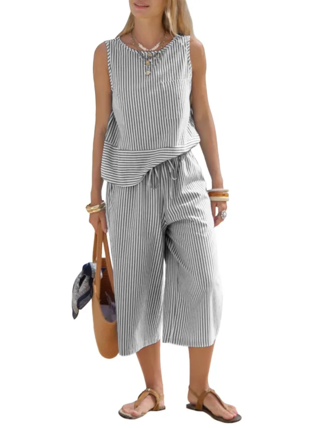 Womens Round neck Featuring A Striped Sleeveless Top And Cropped Pants Black - Shop at LoveMi