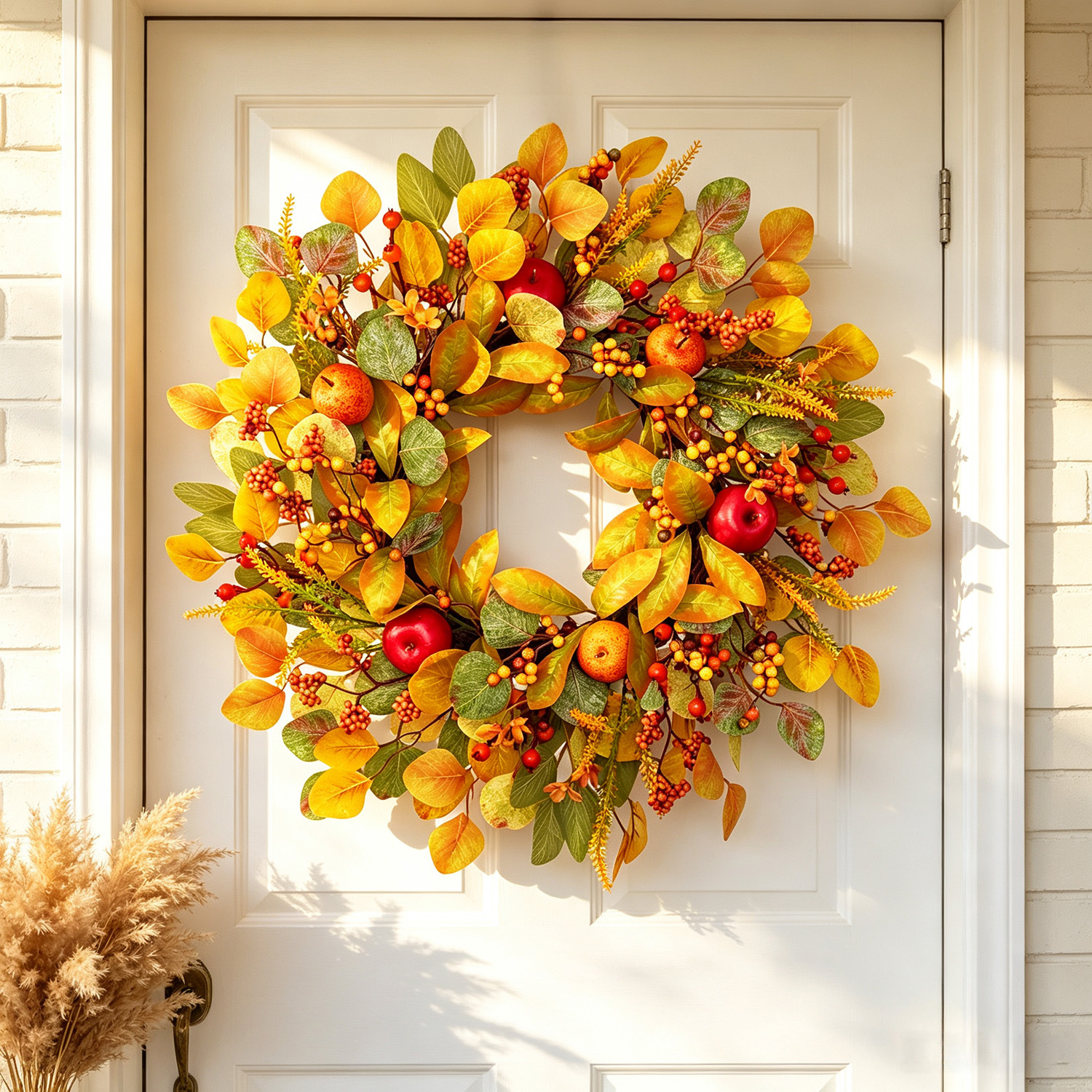 Artificial Apple Berry Wreath - Autumn Harvest Fall Door Decor for Thanksgiving Christmas Front Porch Hanging Decoration