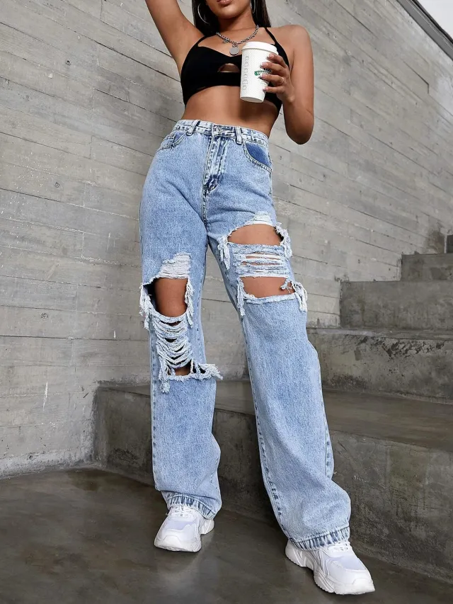 Women's Fashion Ripped Jeans Light Blue - Shop at LoveMi