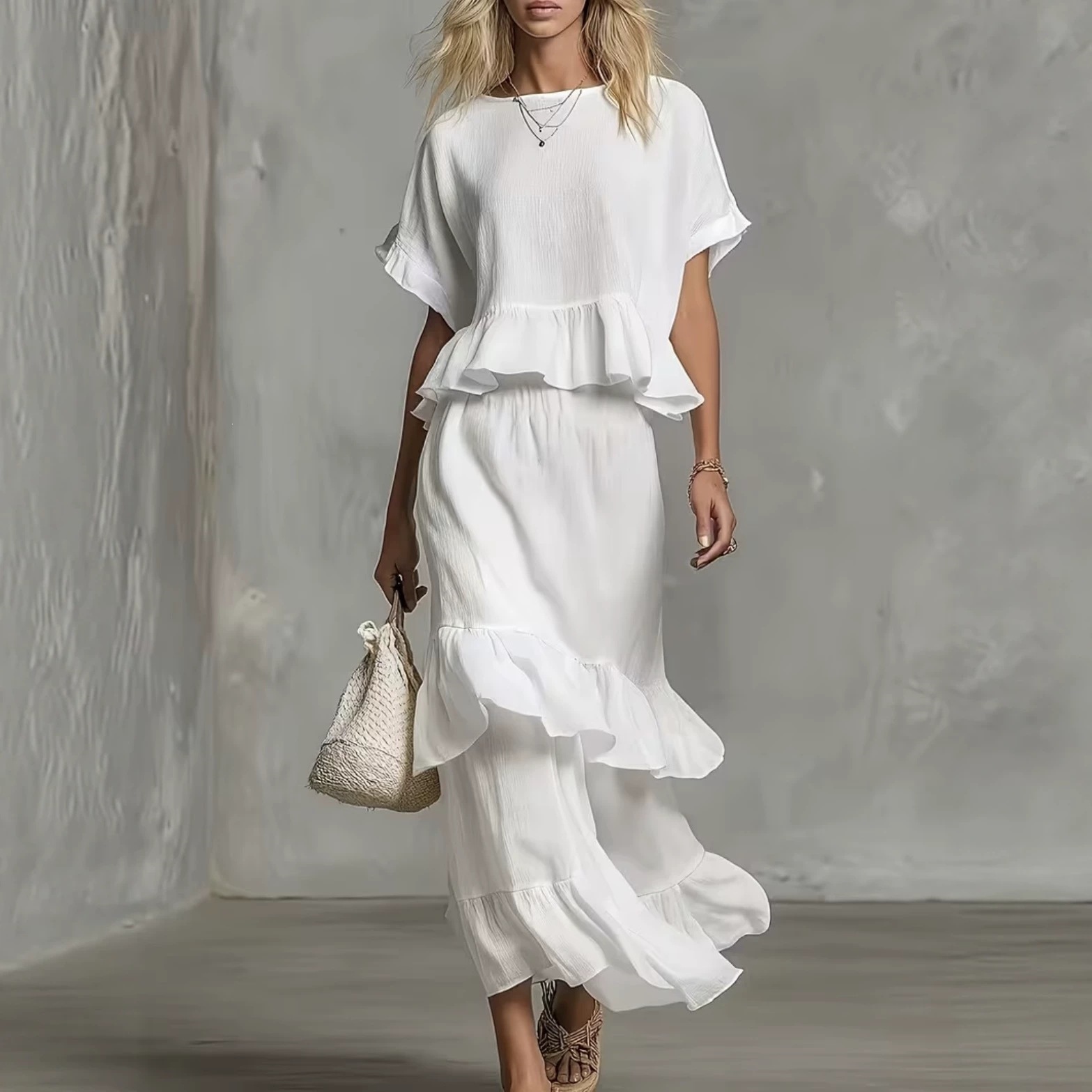 Womens Ruffled-top Blouse And Skirt Two-piece Set product image