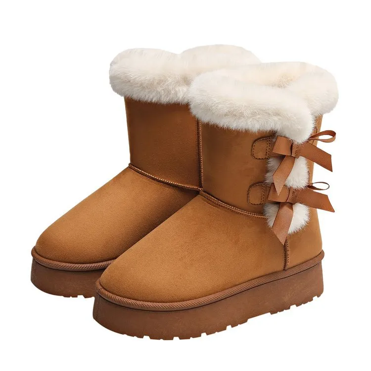 Women's Bow Retro Birkenstock Fleece Lined Thickened Ankle Boots - Brown