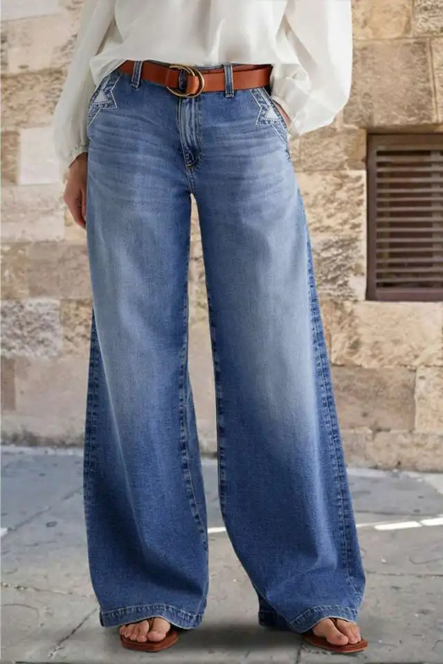 Embroidered Elastic Straight Pants Casual Blue - Shop at LoveMi