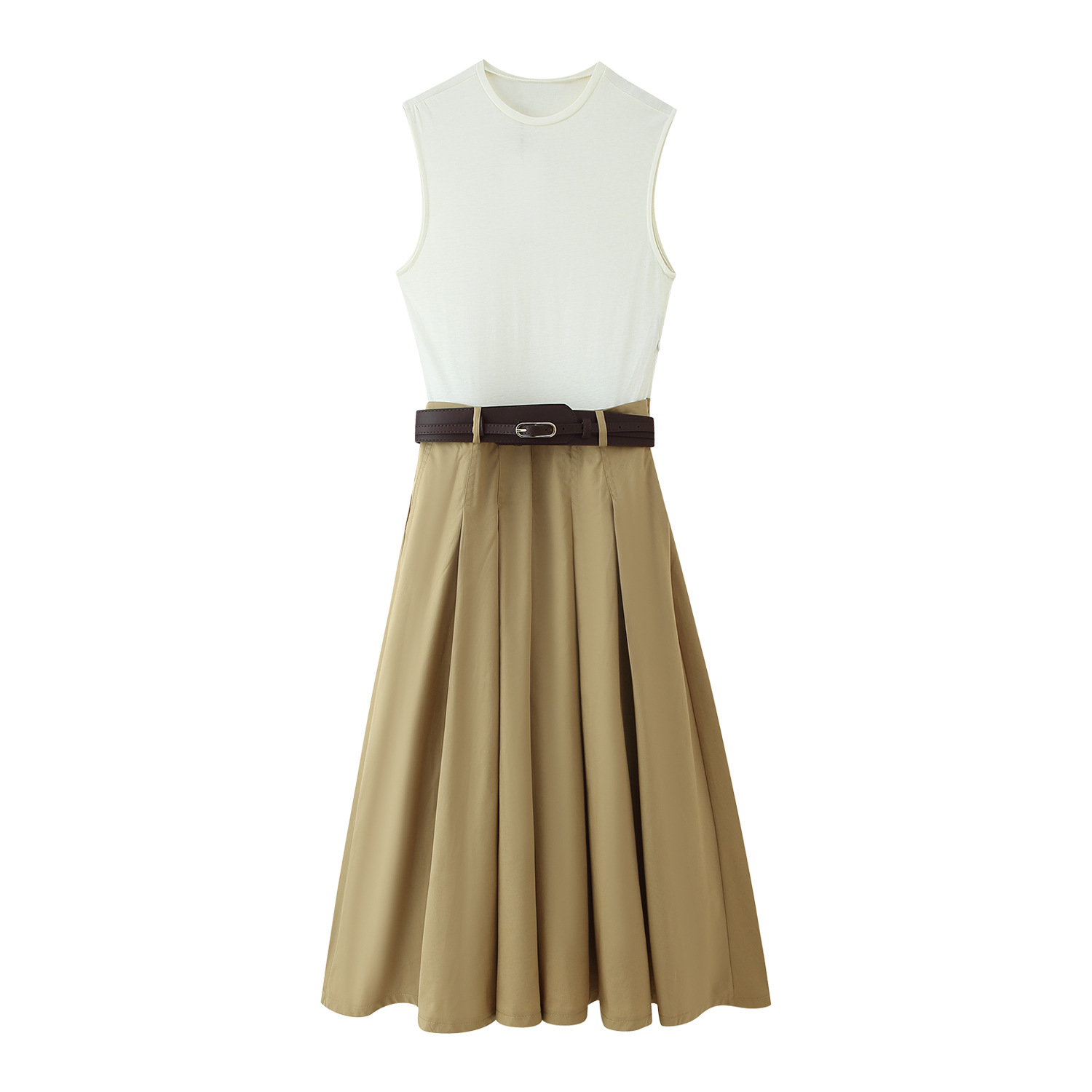 Summer With Belt Patchwork Round Neck Sleeveless Dress