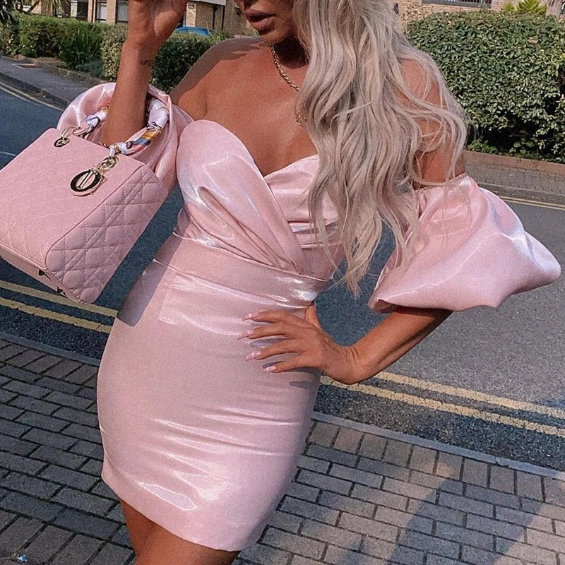Pink Off-Shoulder Satin Balloon-Sleeve Mini Dress — product details and sizing image 5