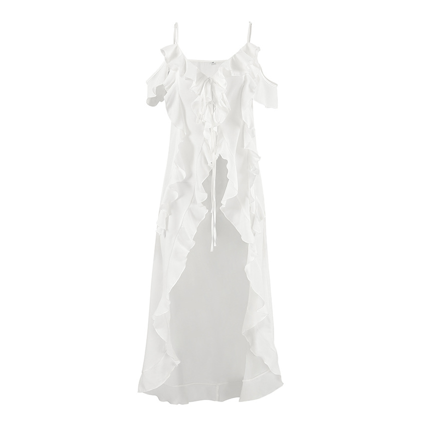 White Chiffon V-neck Flounce Off-the-shoulder Sling Dress
