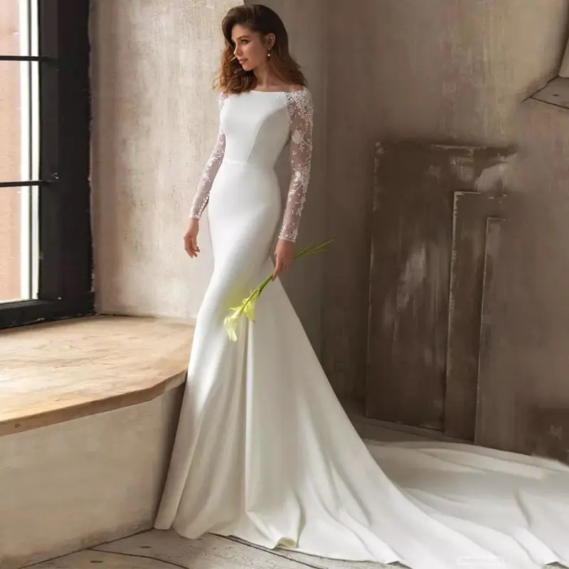 Satin Lace Long-sleeve Wedding Dress