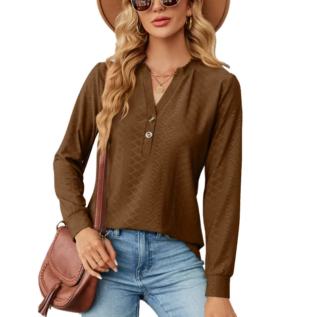 Solid Color And V neck Button Jacquard Loose Long Sleeve Top Brown - Shop at LoveMi