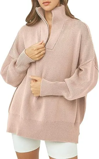 Women's Long Sleeve 14 Zip Pullover Split Solid Color Sweater Pink - Shop at LoveMi