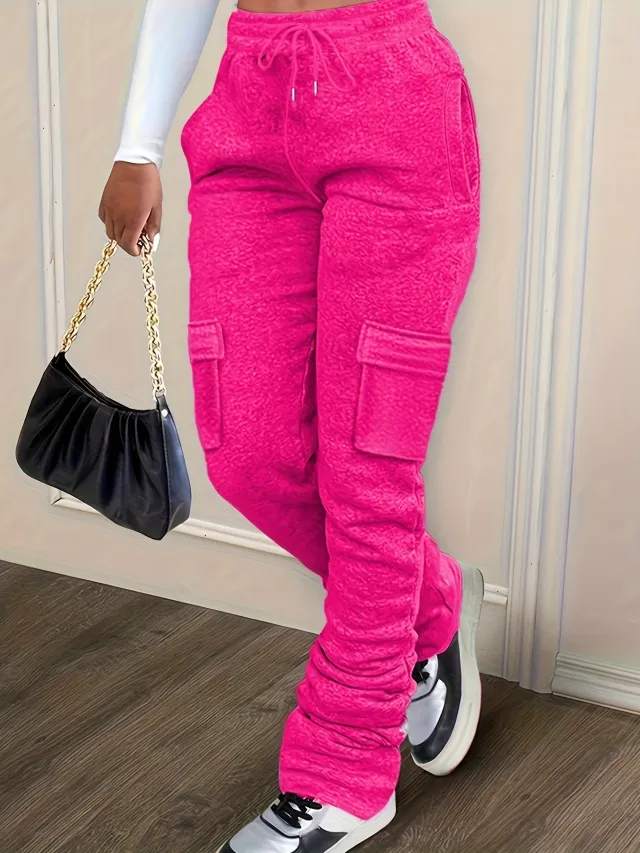 Pure Color Thickened Sweater Fabric Casual Drawstring Pile Pants Rose Red - Shop at LoveMi