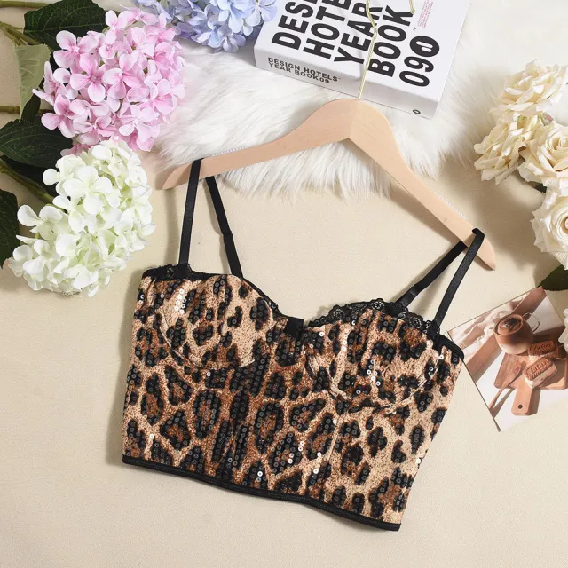 Sequin Leopard Print Adjustable Shoulder Strap Beauty Back Women's Top Leopard - Shop at LoveMi