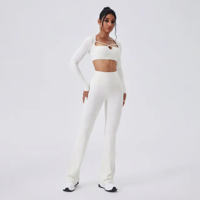 Color blocking Yoga Hollow out Slim fit High waist Flared Pants Long Sleeve Set Egret White - Shop at LoveMi