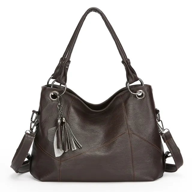 Retro Large Capacity Soft Leather Stitching Handbag Coffee - Shop at LoveMi
