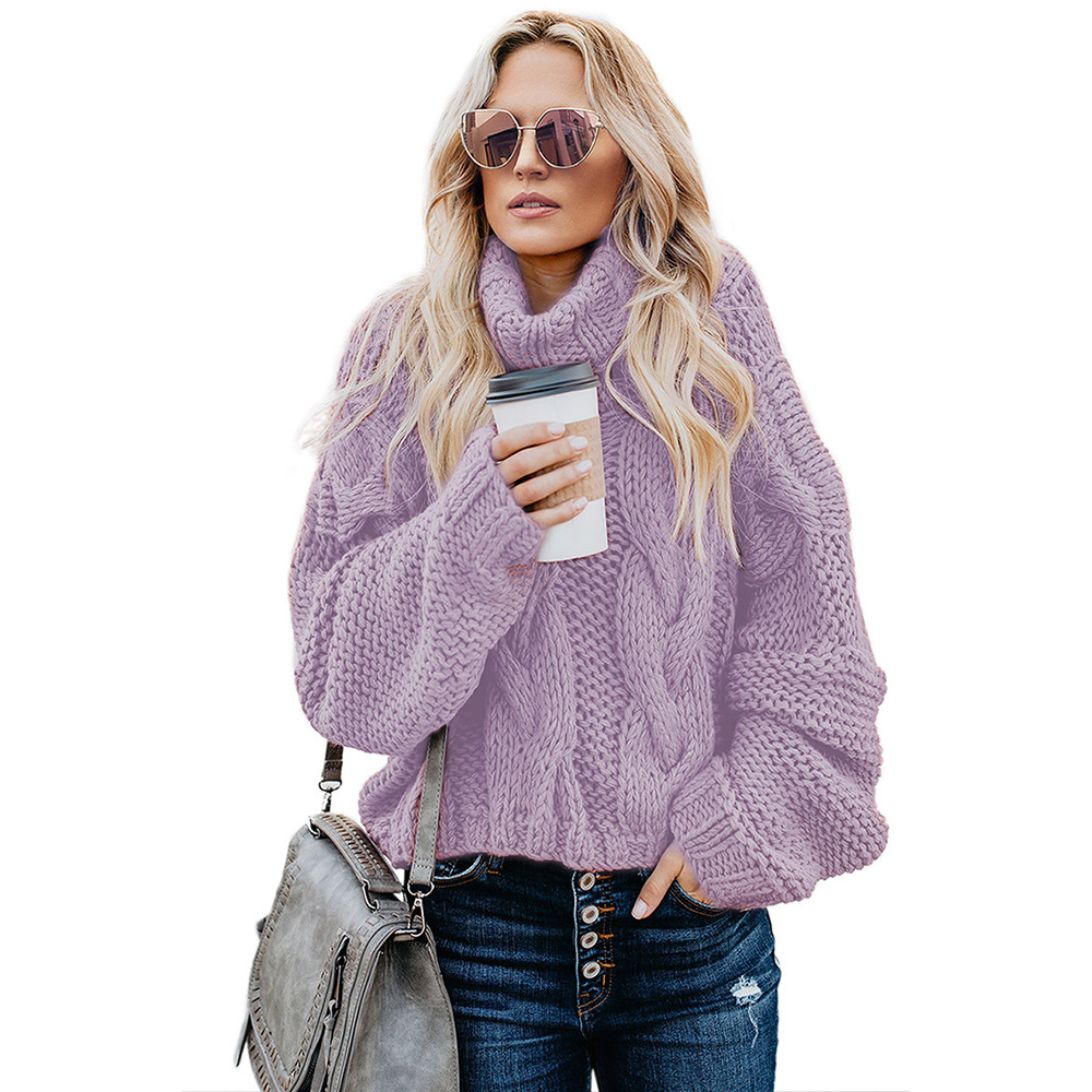 Thick Warm Sweater Women's Solid Color Turtleneck Loose Pullover Top Purple - Shop at LoveMi