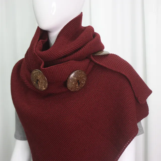 Wool Knitted Scarf Shawl Button Casual Outerwear Dark Red - Shop at LoveMi