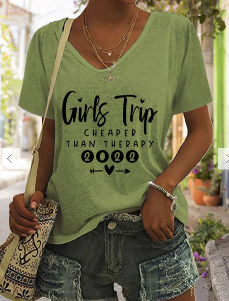 Summer Girls Trip Printed European And American Leisure Loose V-neck Women's T-shirt