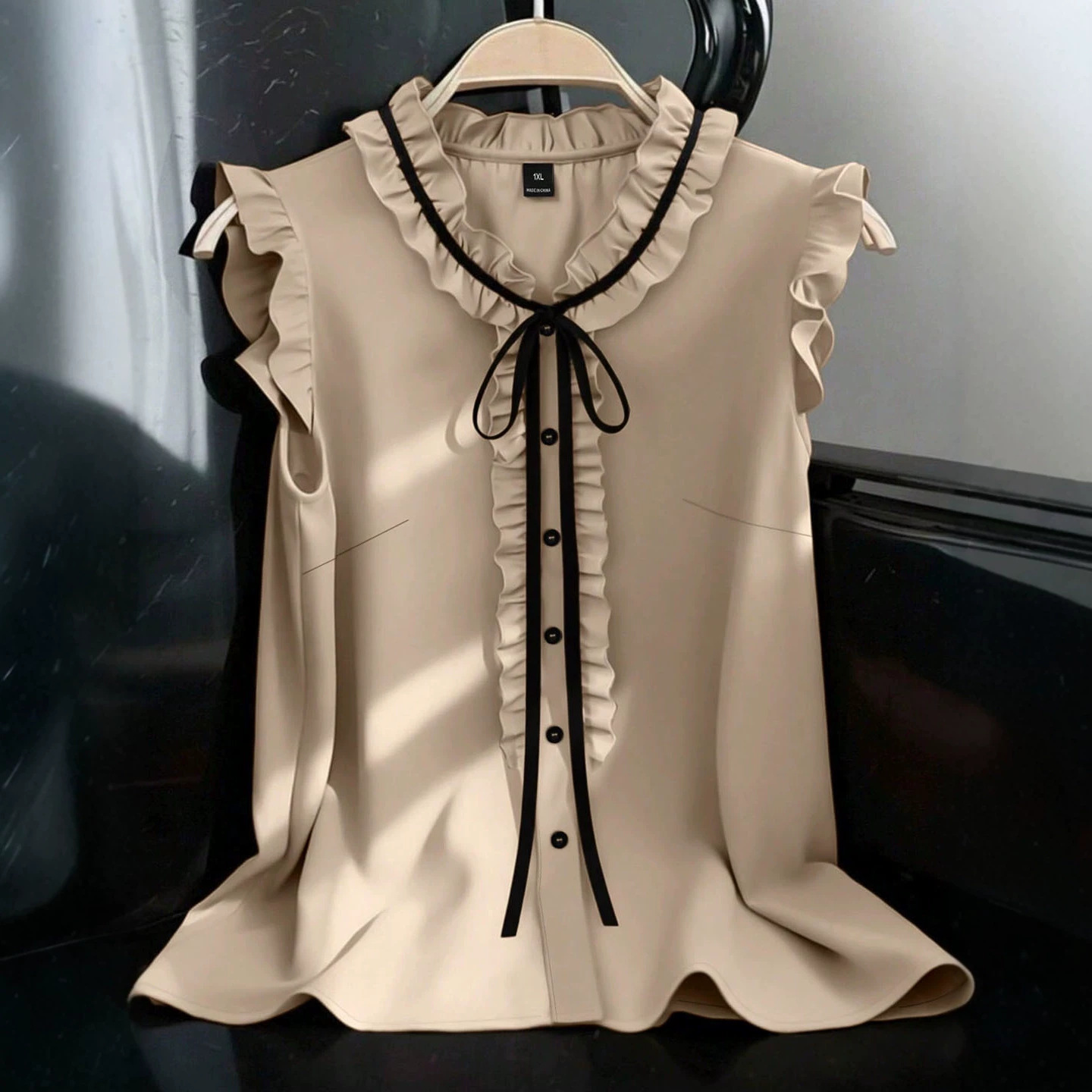 V-neck Lace-up Single-breasted Draped Sleeveless Blouse