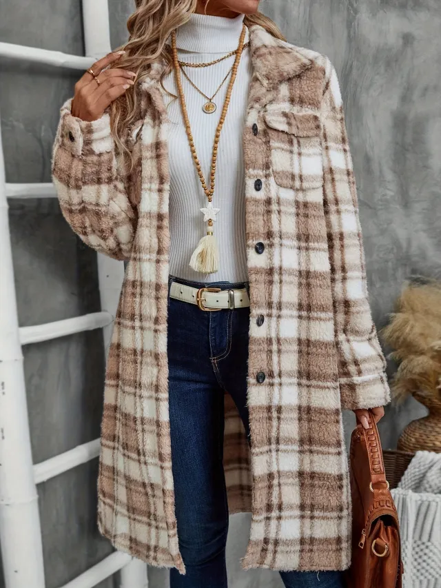 Women's Printed Plaid Long Double sided Plush Patch Pocket Button Coat Camel - Shop at LoveMi