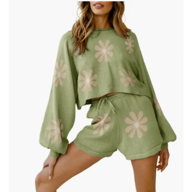 Women's Waffle Knit Pajamas Suit Long Sleeve Top And Shorts Green - Shop at LoveMi