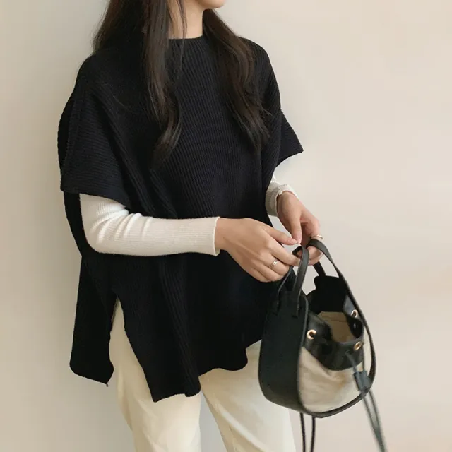 Elegant Lightly Mature Loose Slimming Cape Cloak Sweater Black - Shop at LoveMi