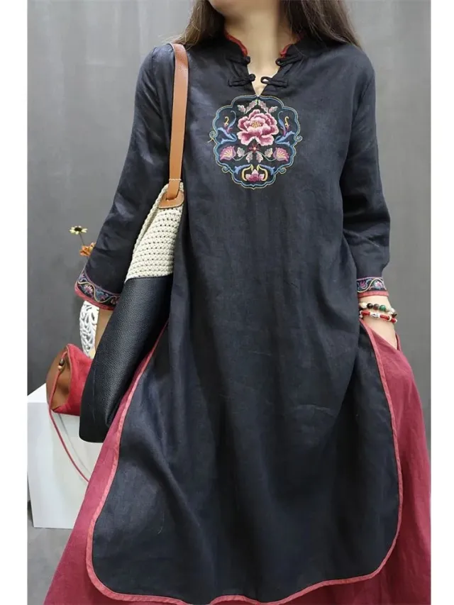 Women's Cotton And Linen Retro Chinese style Loose Mid length Dress Black - Shop at LoveMi