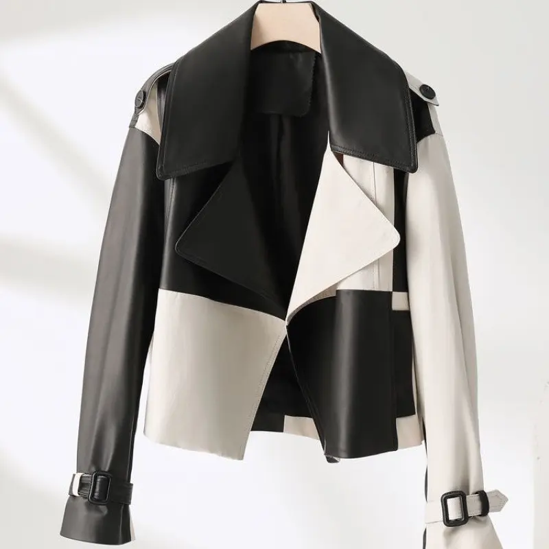 Soft PU Leather Jacket Splicing Coat Loose Western Style