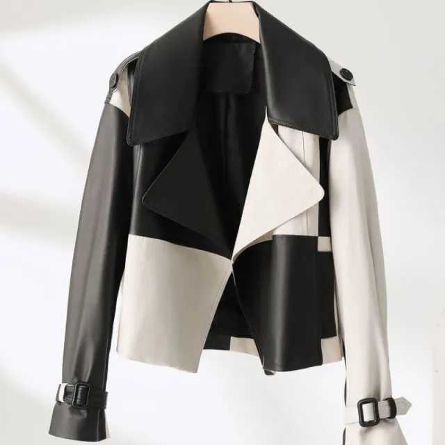 Soft PU Leather Jacket Splicing Coat Loose Western Style Jacket Black And White Stitching - Shop at LoveMi
