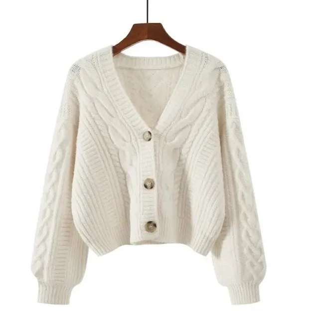 Retro V neck Knitted Cardigan Women's Short Sweater Beige - Shop at LoveMi