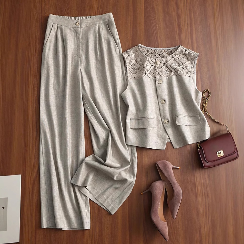 Breathable Linen Lace-Patchwork Sleeveless Vest Wide-Leg Pants Set For Women