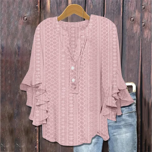 Printed Casual Trend V neck Flounce Sleeve T shirt Pink - Shop at LoveMi