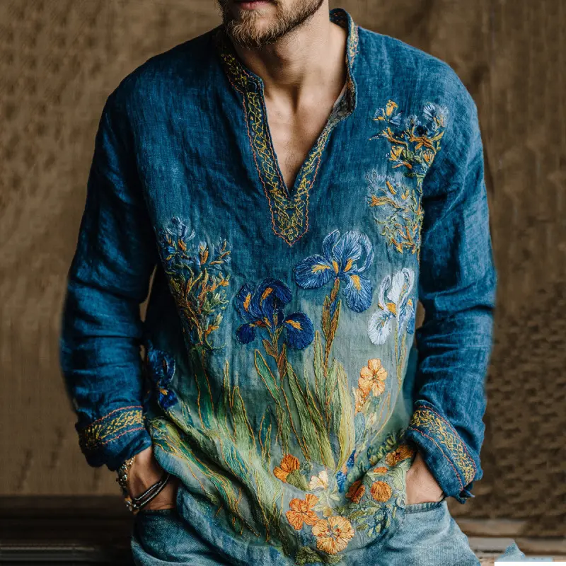 Mens Long-Sleeve Casual Retro Stand-Neck T-Shirt