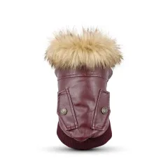 Autumn And Winter Clothes Dog Fur Collar Leather Coat - Wine Red - View 1