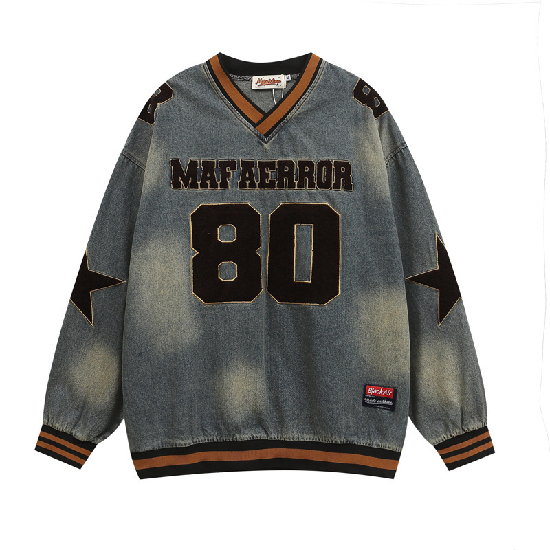 $32.83 National Tide Five-pointed Star Letter Flocking Embroidered V-neck Denim Hoodie