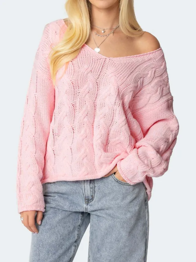 Women's V neck Twist Knitted Pullover Sweater Blouse Pink - Shop at LoveMi
