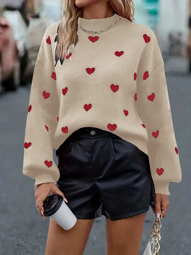 Women's Love Round Neck Long Sleeve Design Knitted Sweater Apricot - Shop at LoveMi
