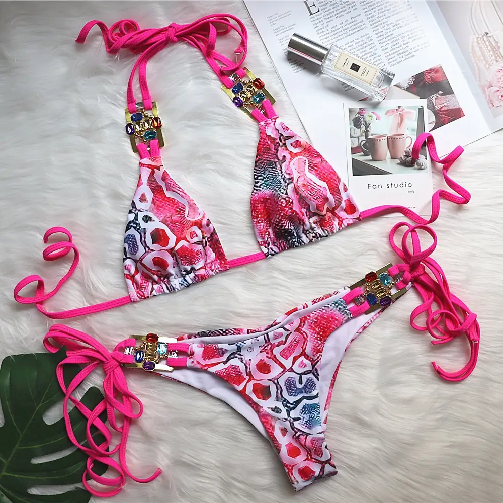 Snake Print Printed Lace Up Women's Split Swimsuit