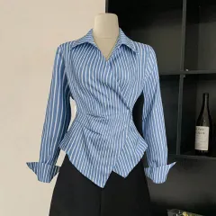 New European And American-style Long-sleeve Shirt Cardigan With An Asymmetrical Design - Blue - View 1