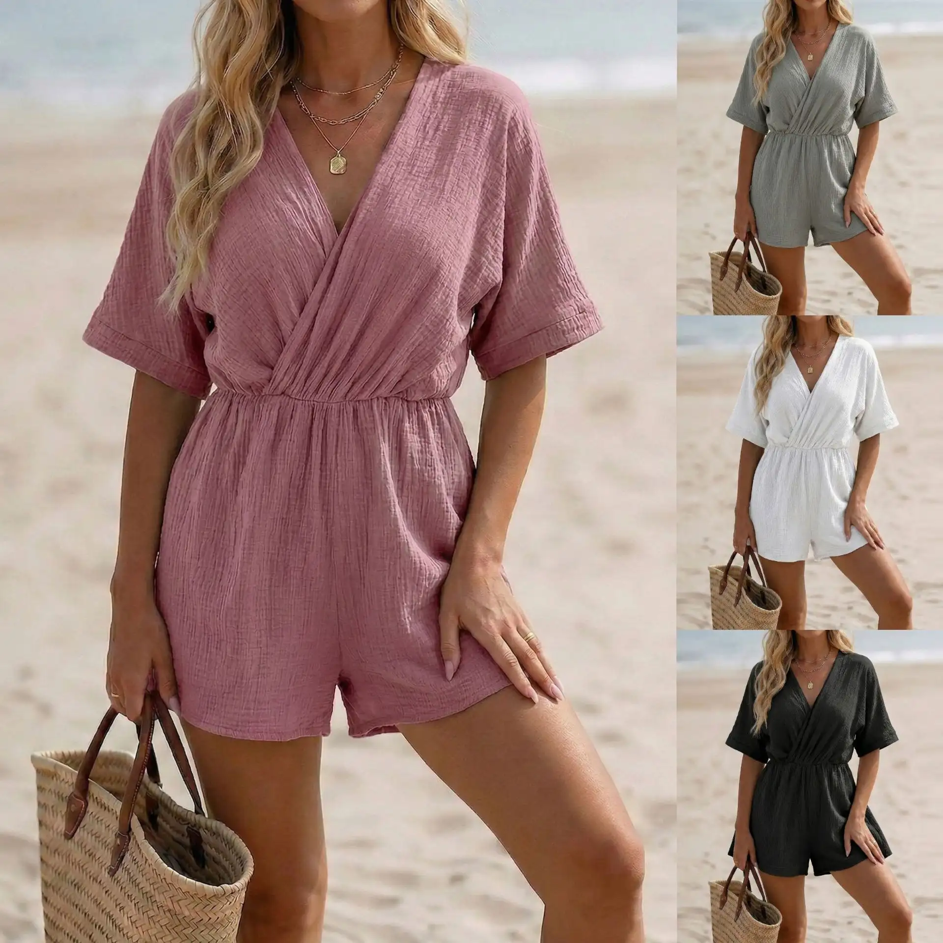 V-neck Solid-color Short-sleeve Jumpsuit Womens Wide-leg Shorts