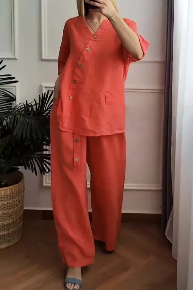 Solid Color Cotton And Linen Three quarter Sleeve Top Wide Leg Pants Two piece Set Orange - Shop at LoveMi