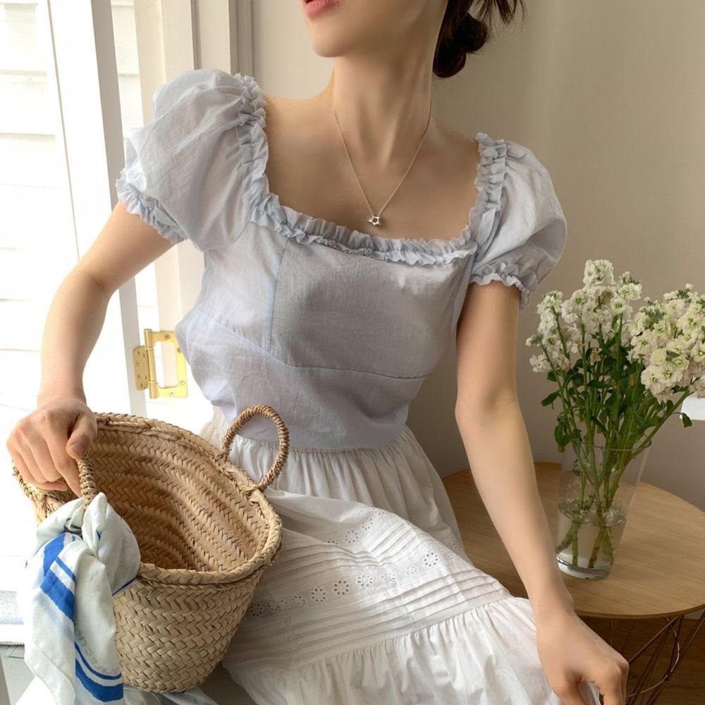 Wood Ear Mushroom-patterned Ruffled-trim Square-neck Puffed-sleeve Shirt 7