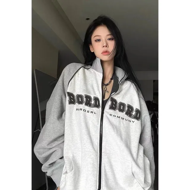 Printed Letter Patch Raglan Color Stitching Stand collar Zipper Cardigan Outerwear - Shop at LoveMi