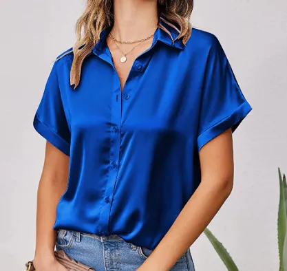 Multicolor Silk Short Sleeve Satin Button Shirt Casual Loose Top Blue - Shop at LoveMi