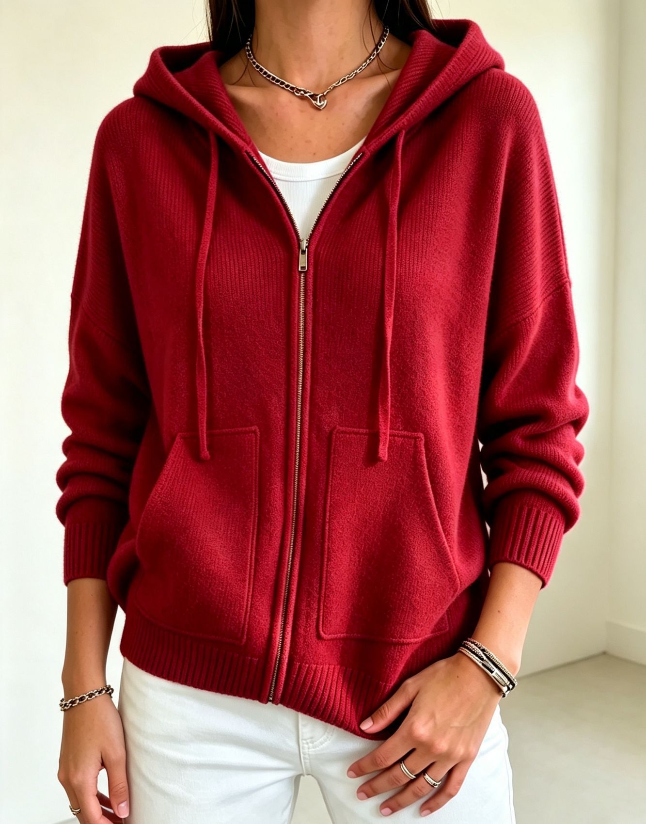Solid-color Hooded Zip-up Loose-fit Knit Cardigan For Women 12