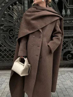 Arrival Of Scarf Collar Woolen Coat - Coffee Colour - View 1