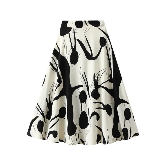 Women's Printed Skirt Summer New High Waist High end Figure Flattering A Line Midi Skirt Black - Shop at LoveMi